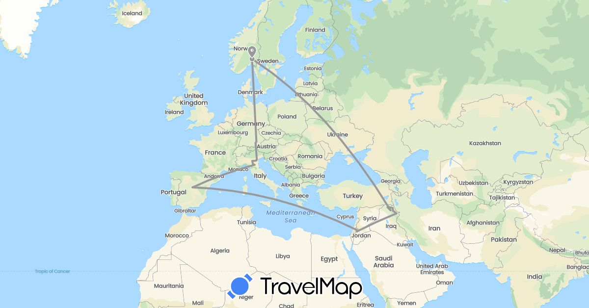 TravelMap itinerary: driving, plane in Germany, Spain, Iraq, Italy, Jordan, Norway (Asia, Europe)